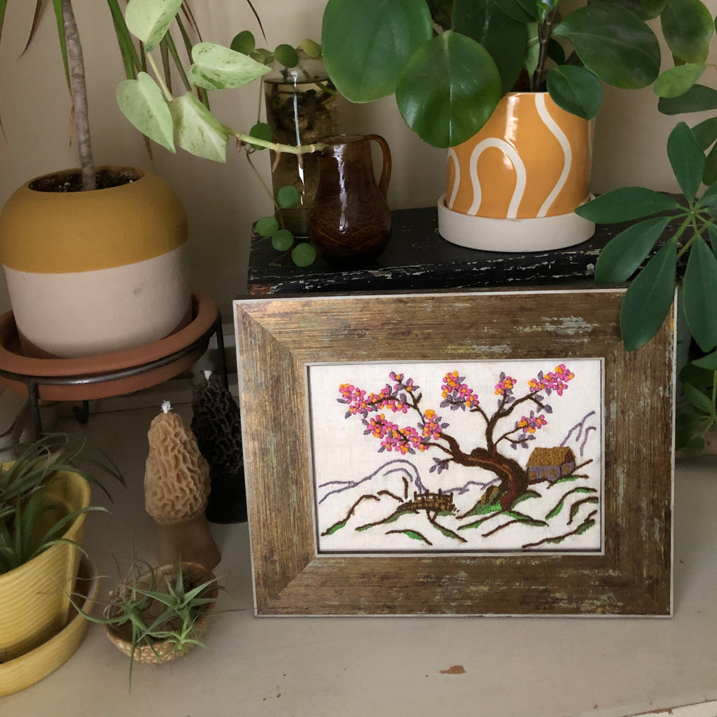 Vintage Spring Bloom Crewel Embroidery Framed