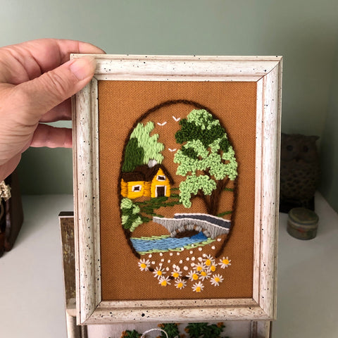 Vintage Brookside Vignette Crewel Embroidery Framed