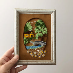 Vintage Brookside Vignette Crewel Embroidery Framed