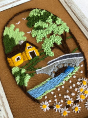 Vintage Brookside Vignette Crewel Embroidery Framed