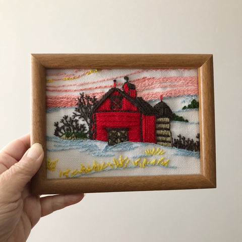 Vintage Barn Crewel Embroidery Framed