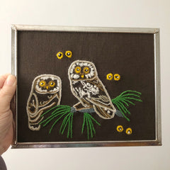 Vintage Owl Watch Crewel Embroidery Framed