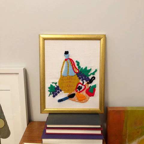 Vintage Fruit and Wine Crewel Embroidery Framed Art