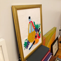 Vintage Fruit and Wine Crewel Embroidery Framed Art