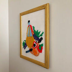 Vintage Fruit and Wine Crewel Embroidery Framed Art