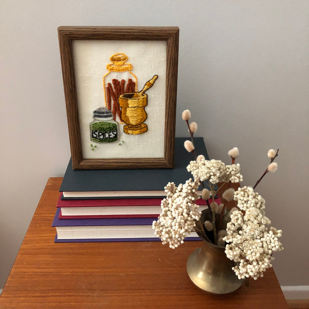 Vintage Spices Crewel Embroidery Framed