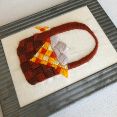 Vintage Basket of Eggs Crewel Embroidery Framed